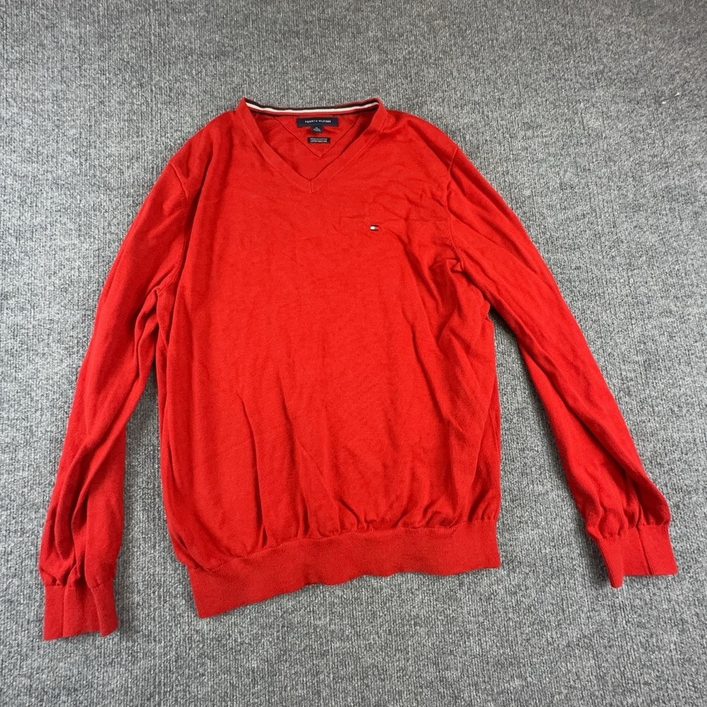 Tommy Hilfiger Sweater Mens XL Red V Neck Cotton Knit Pullover Flag Logo